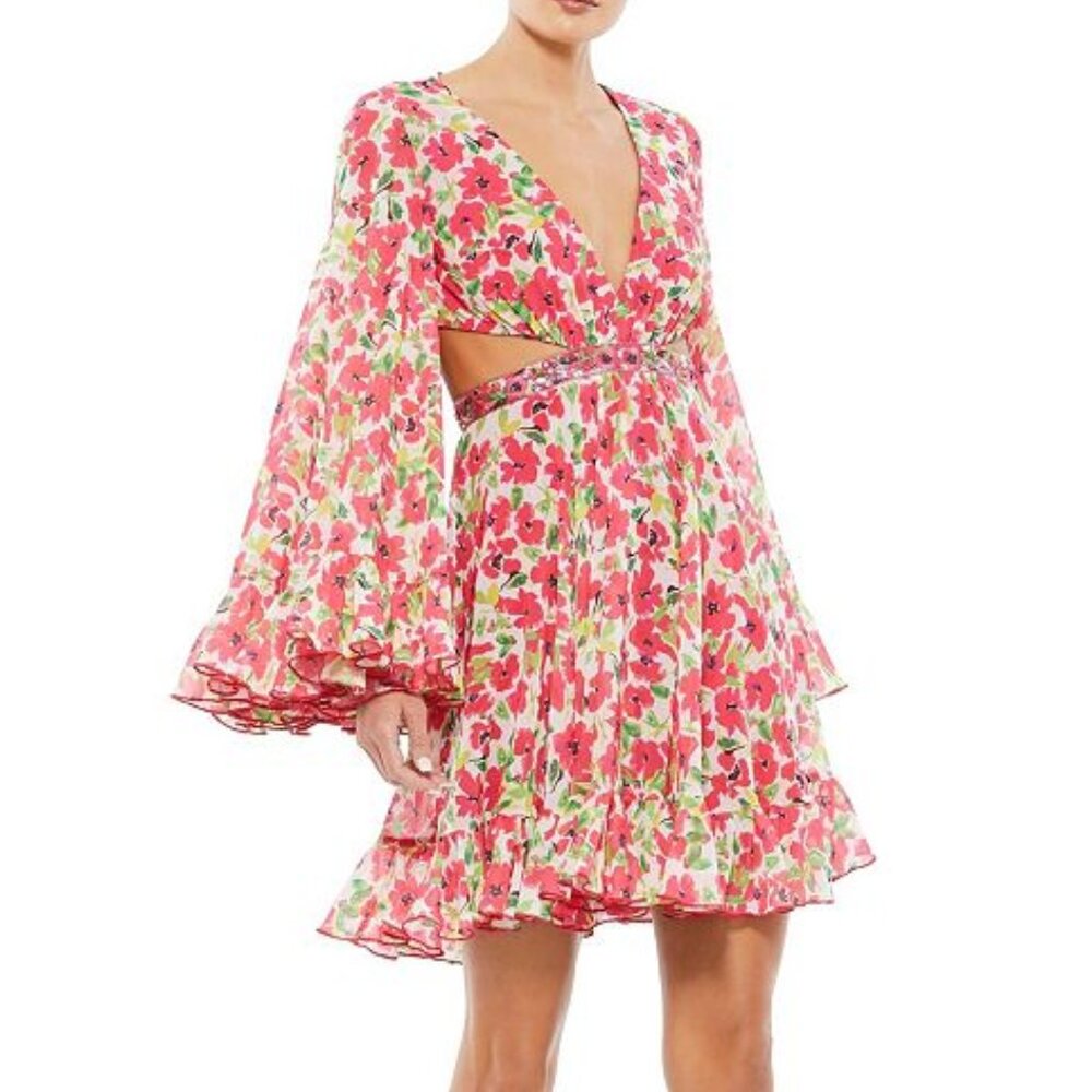Mac Duggal Floral Print Bell Sleeve A-Line Dress